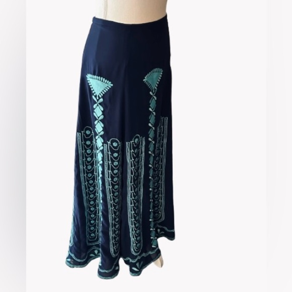 Blue Embroidered Aqua Skirt Soft Surroundings turquoise Sheer Maxi Medium Boho